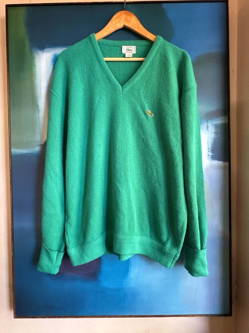 IZOD Lacoste V-Neck Sweater Size XL Green Orlon Acrylic Vintage